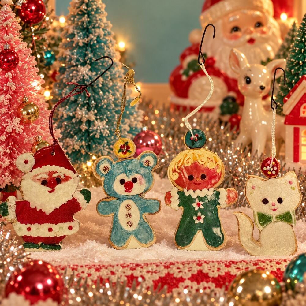 Vintage MCM Double Sided Paper Christmas Ornaments Lot 4 Santa Cat Bear Elf